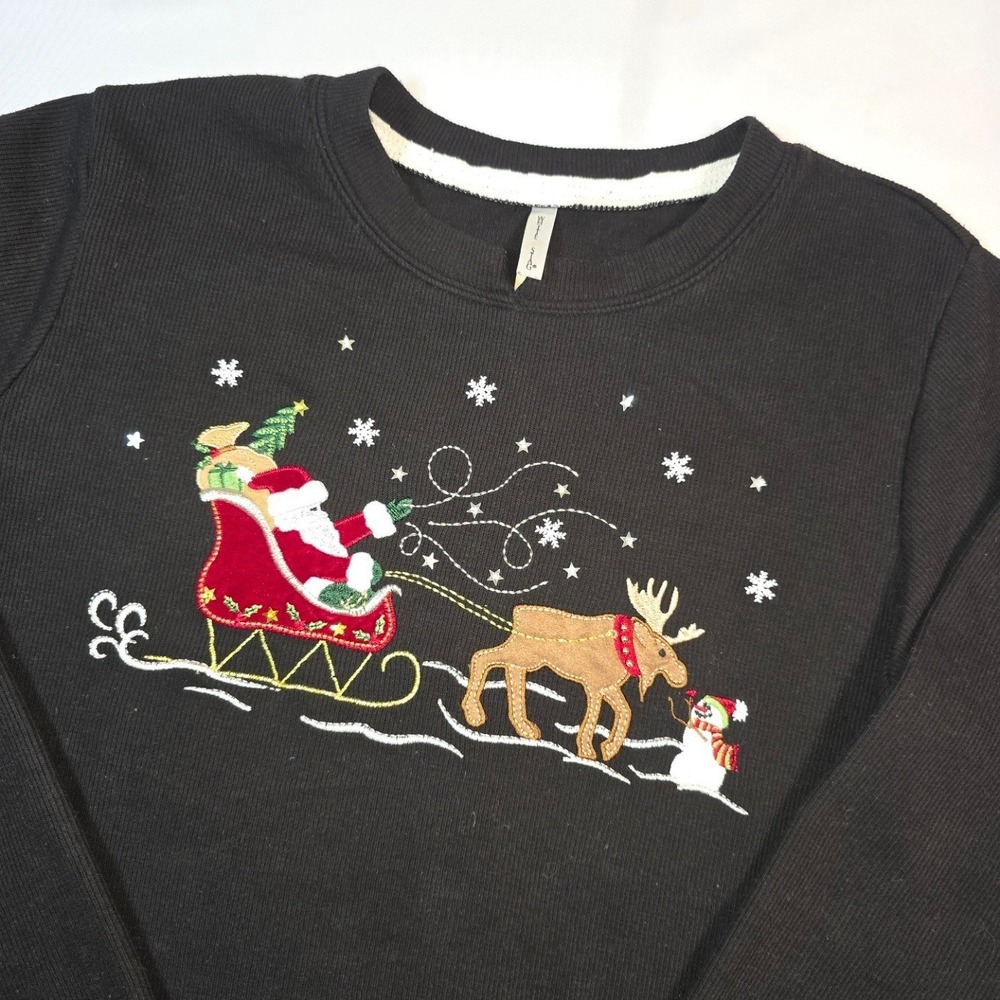 Vintage 90s White Stag Black Embroidered Christmas Santa Sleigh Reindeer Women S